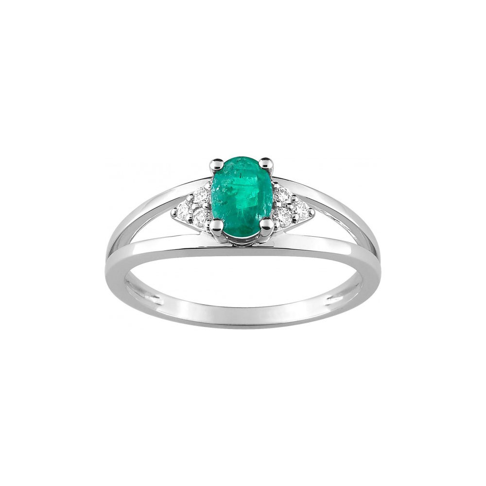 Bague or blanc 18 carats, émeraude et diamants